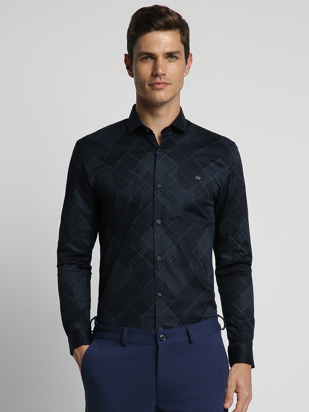 Peter England Super Slim Fit Printed Formal Shirt, Navy blue
