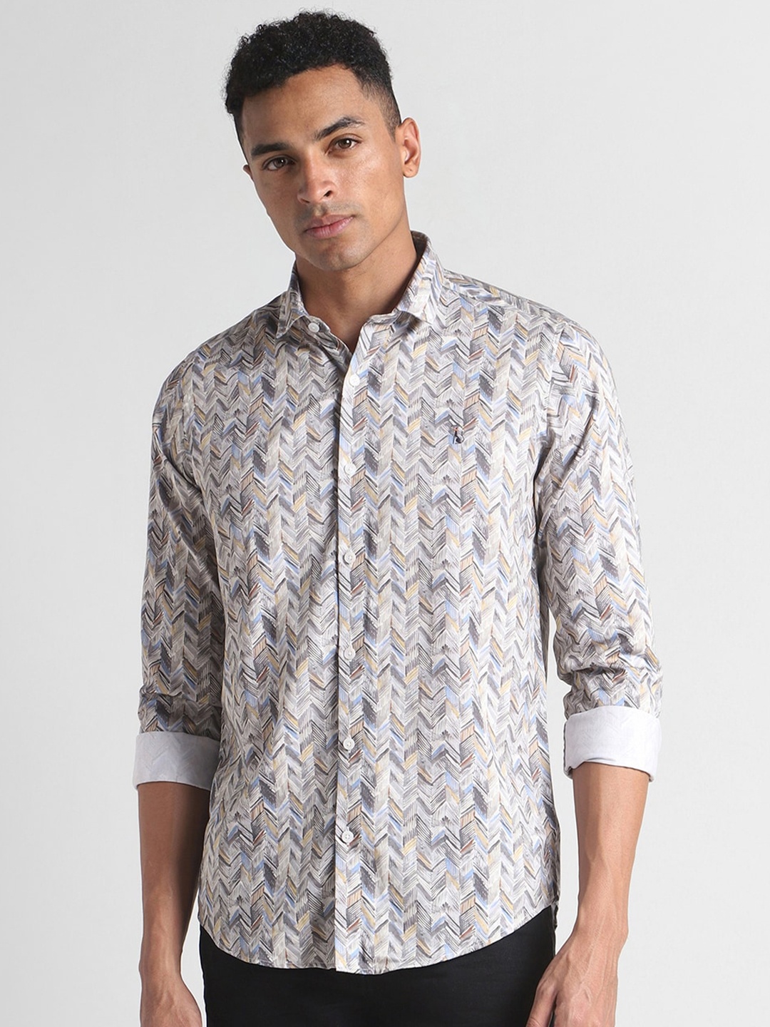 

SIMON CARTER LONDON Slim Fit Geometric Printed Pure Cotton Casual Shirt, Grey