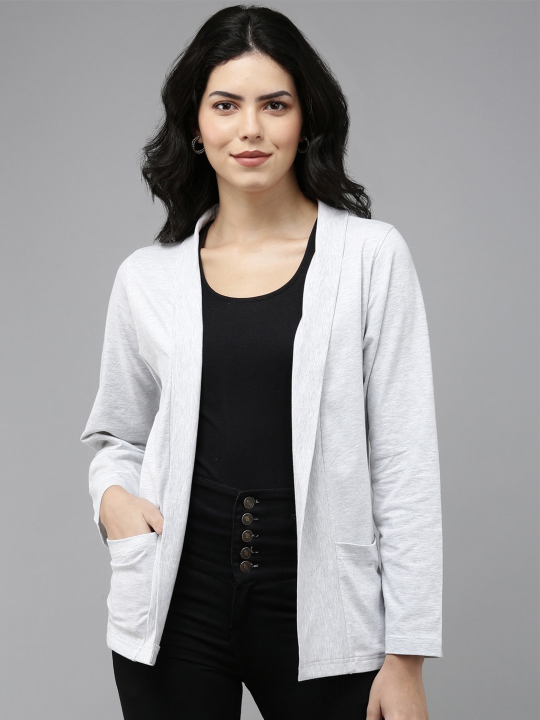 

Kryptic Open Front Cotton Shrug, Grey melange