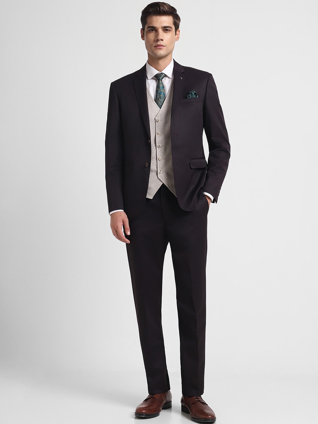 

Allen Solly Slim-Fit Single-Breasted Three-Piece Formal Suit, Brown