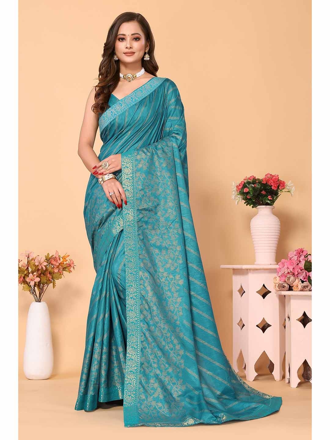 

TEREZA Striped Zari Saree, Turquoise blue