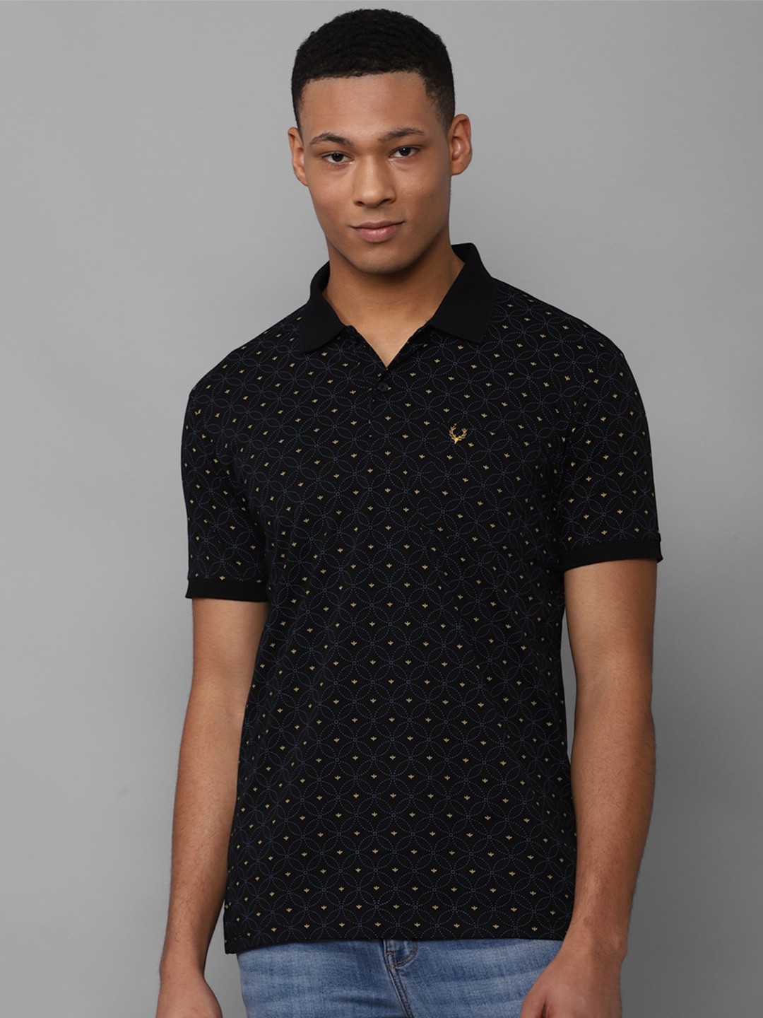 

Allen Solly Geometric Printed Polo Collar Pockets Cotton Regular T-shirt, Black