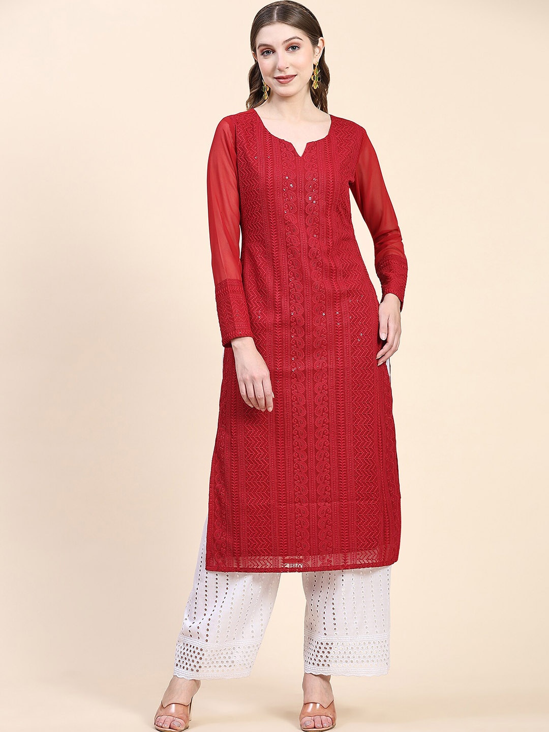 

BLACK SCISSOR Ethnic Motifs Embroidered Sequinned Georgette Straight Kurta, Red