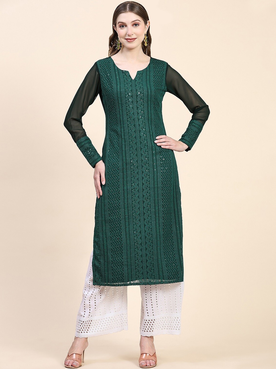 

BLACK SCISSOR Ethnic Motifs Embroidered Sequinned Georgette Straight Kurta, Green