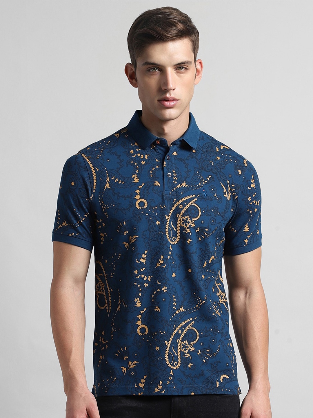 

SIMON CARTER LONDON Floral Printed Polo Collar Cotton Slim Fit T-shirt, Navy blue