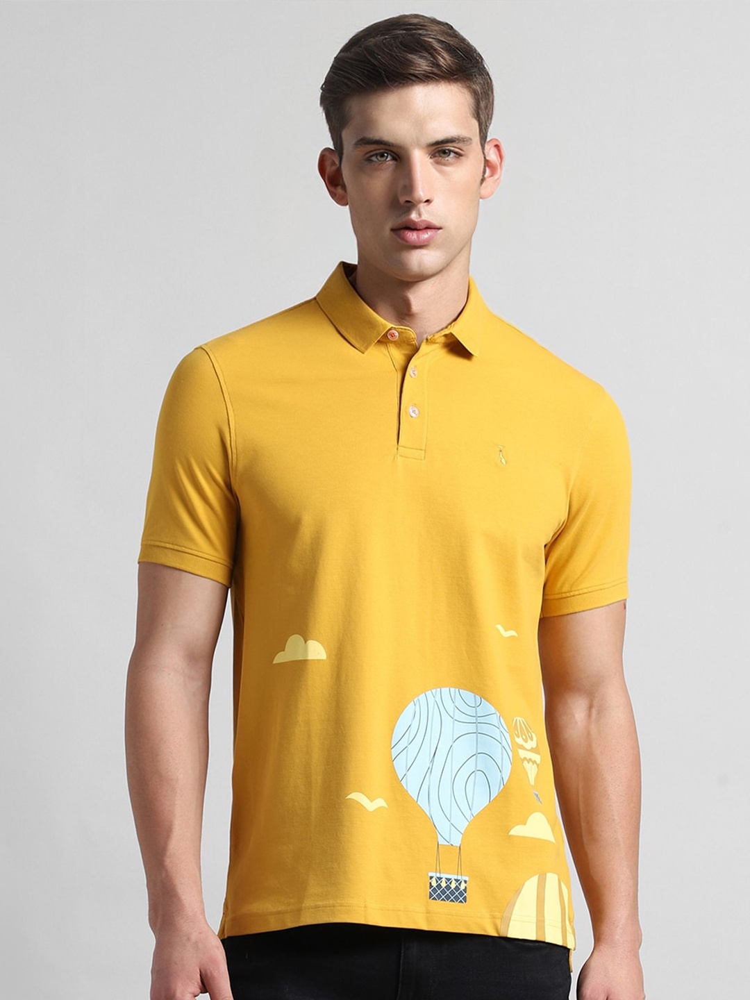 

SIMON CARTER LONDON Graphic Printed Polo Collar Cotton Slim Fit T-shirt, Yellow