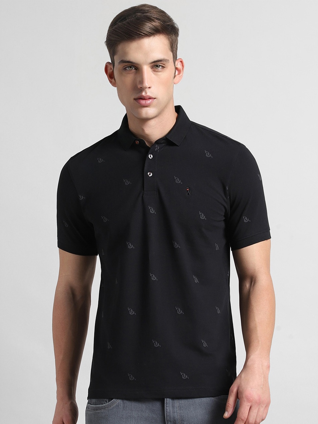 

SIMON CARTER LONDON Ethnic Motif Printed Polo Collar Cotton Slim Fit T-shirt, Black