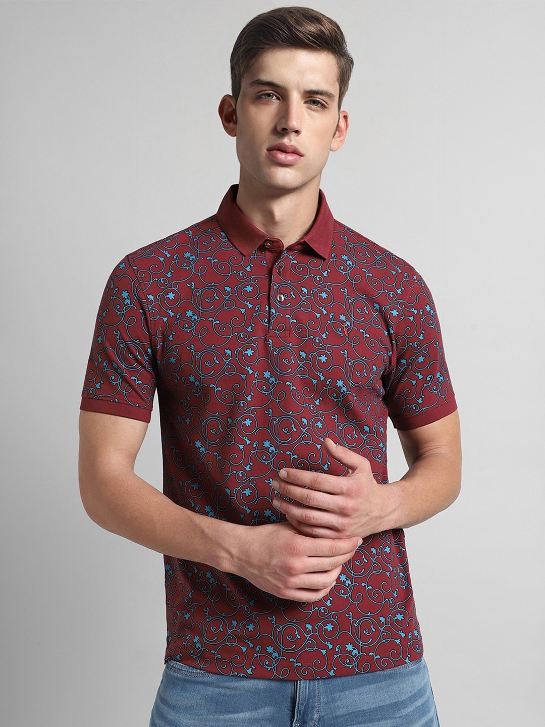 

SIMON CARTER LONDON Floral Printed Polo Collar Cotton Slim Fit T-shirt, Maroon