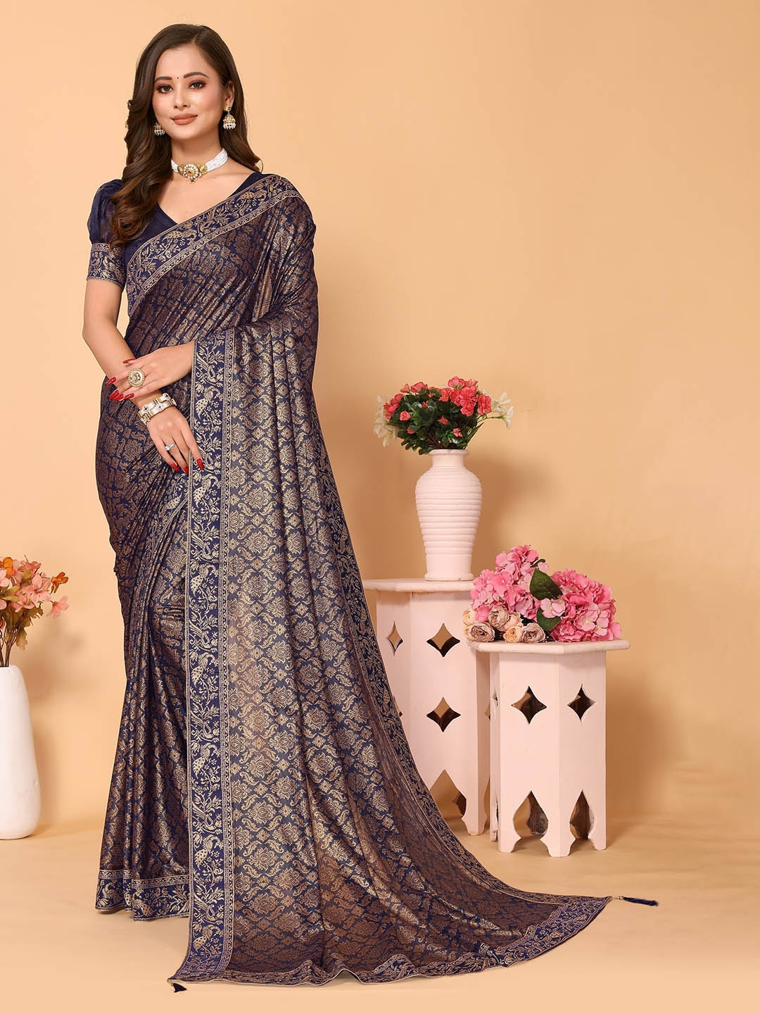 

TEREZA Ethnic Motif Woven Design Zari Banarasi Saree, Navy blue