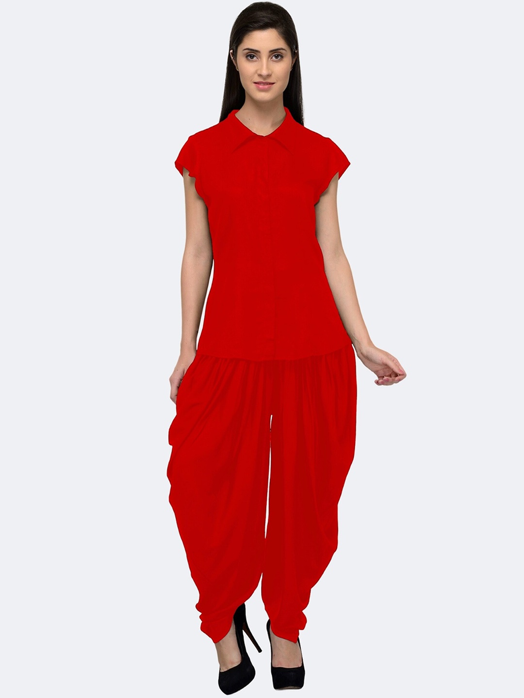 

PATRORNA Cap Sleeves Shirt With Dhoti Pants, Red
