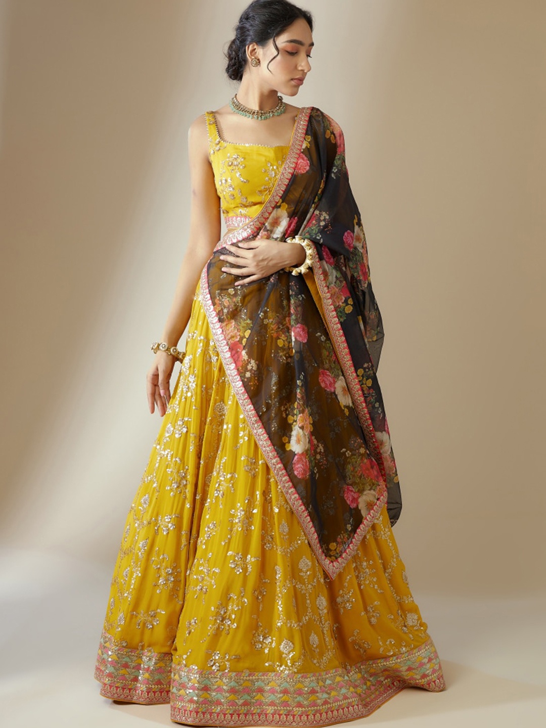 

FABPIXEL Embroidered Sequinned Semi-Stitched Lehenga Choli With Dupatta, Yellow