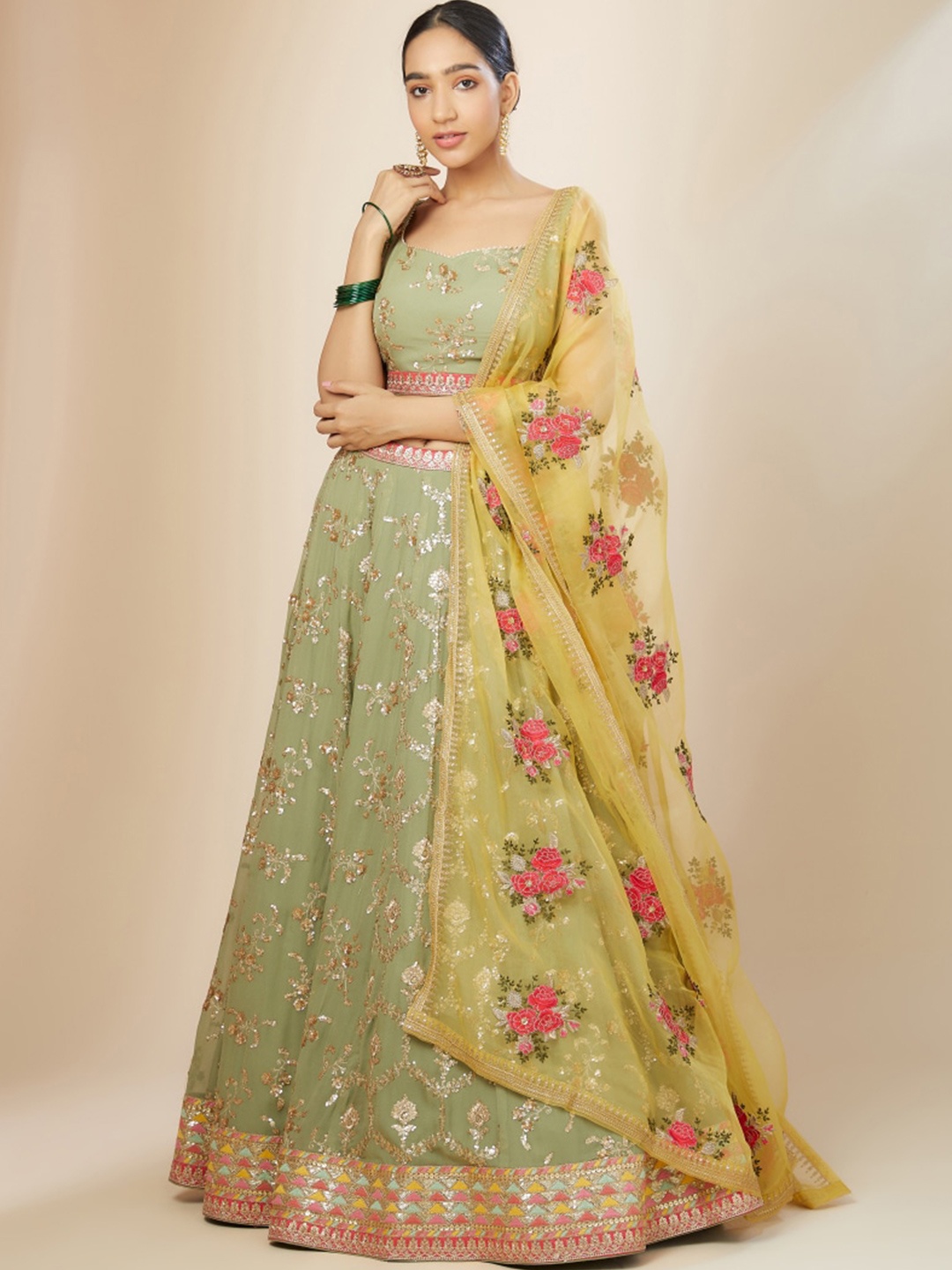 

FABPIXEL Embroidered Sequinned Semi-Stitched Georgette Lehenga Choli With Dupatta, Sea green