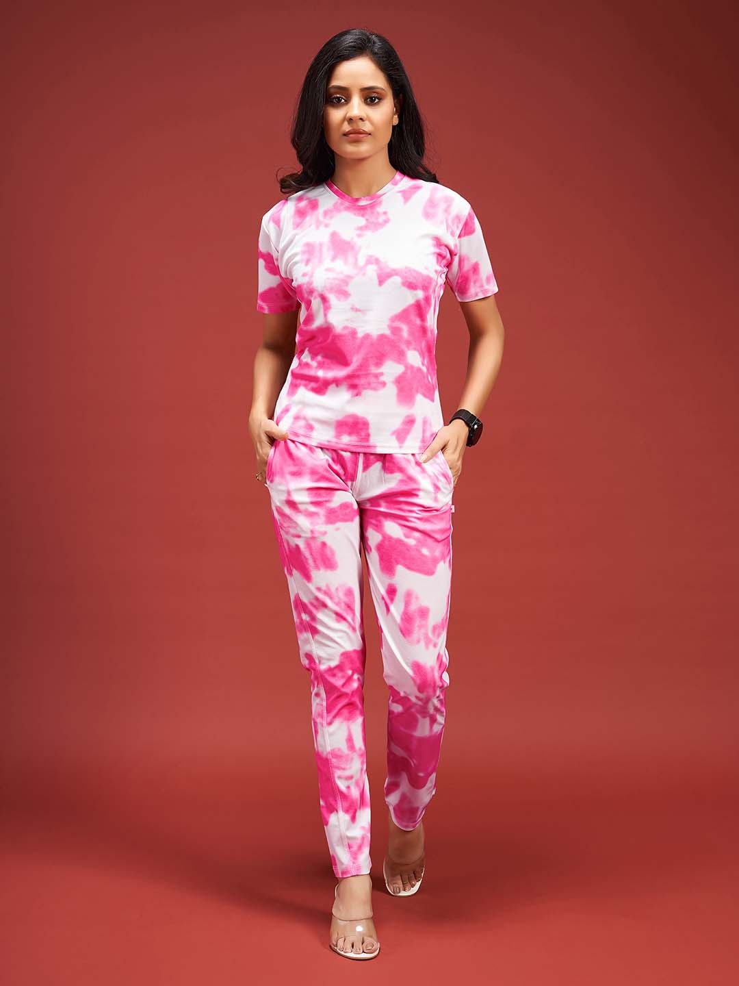 

Nivah Fashion Tie and Dye Dyed Round Neck Short Sleeve T-Shirt With Trousers, Pink