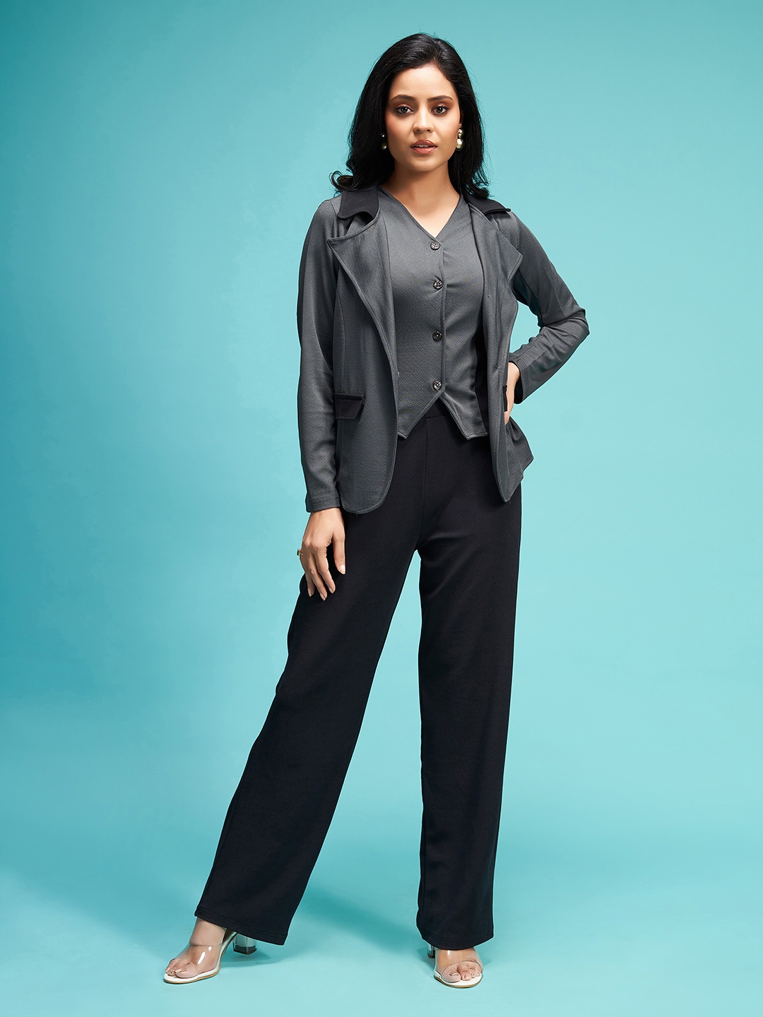 

Nivah Fashion V Neck Sleeveless Top With Trousers & Blazer Waistcoat, Black