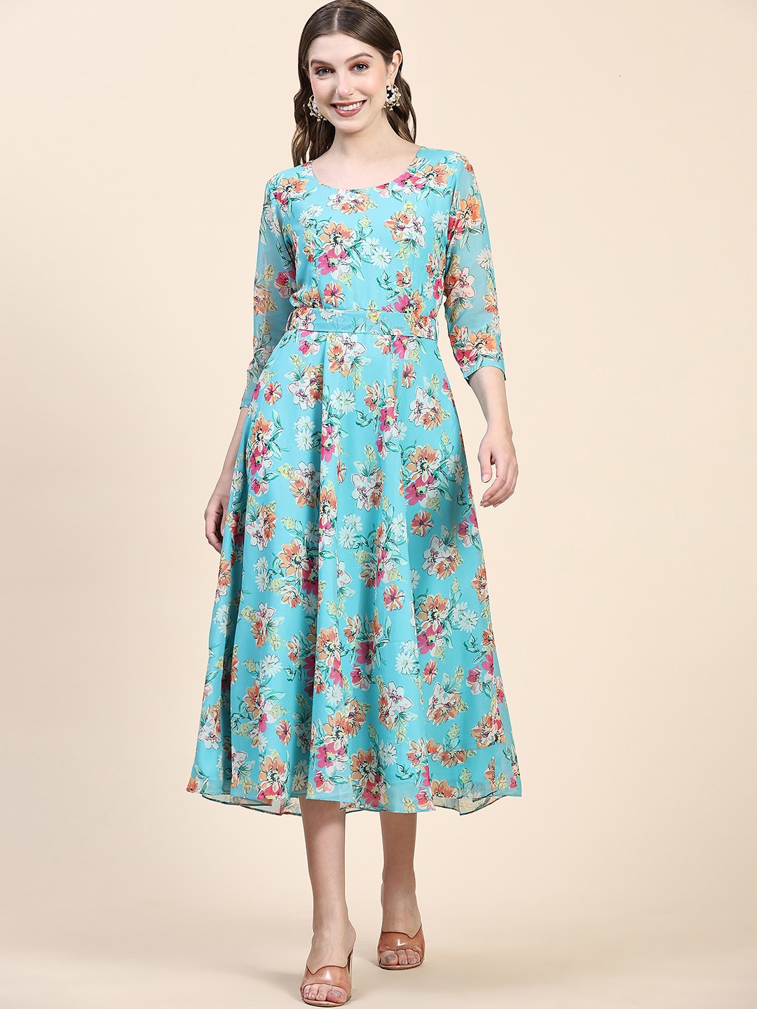 

BLACK SCISSOR Floral Printed Fit & Flared Ethnic Dress & Belt, Turquoise blue