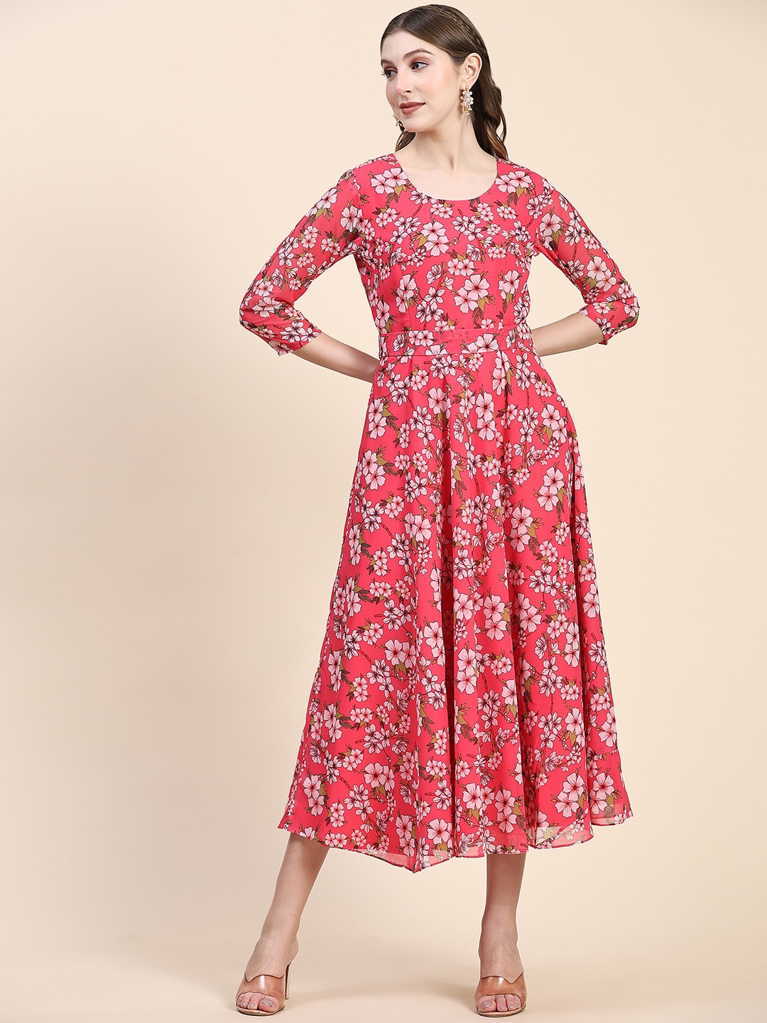 

BLACK SCISSOR Floral Printed Fit & Flared Georgette Ethnic Dress With Tie Up, Red