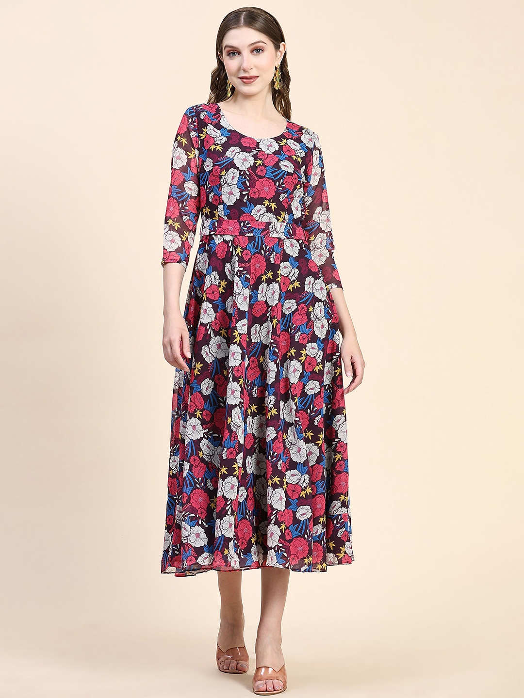 

BLACK SCISSOR Floral Printed Fit & Flared Ethnic Dress & Belt, Purple