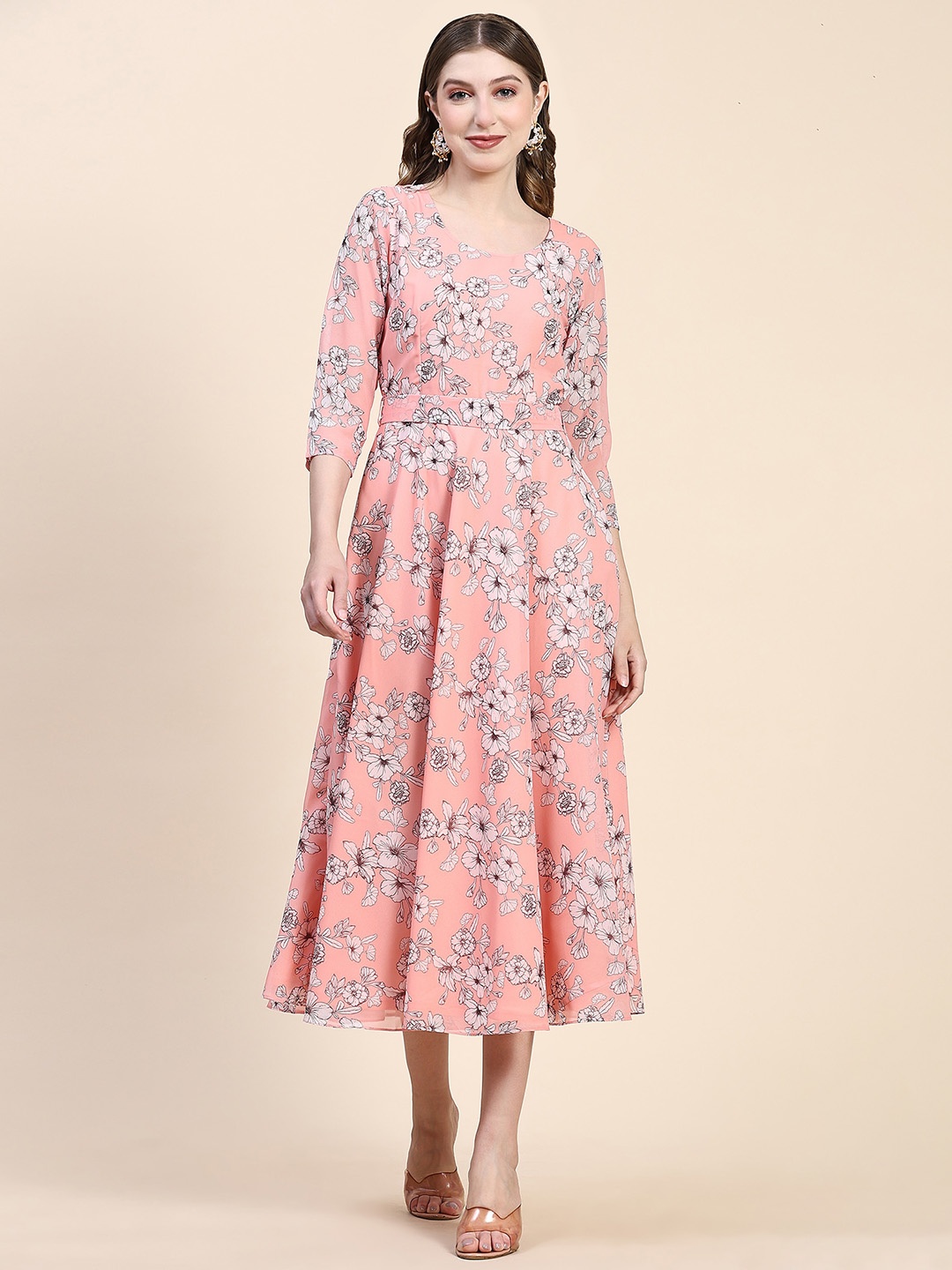 

BLACK SCISSOR Floral Printed Fit & Flared Ethnic Dress & Belt, Peach