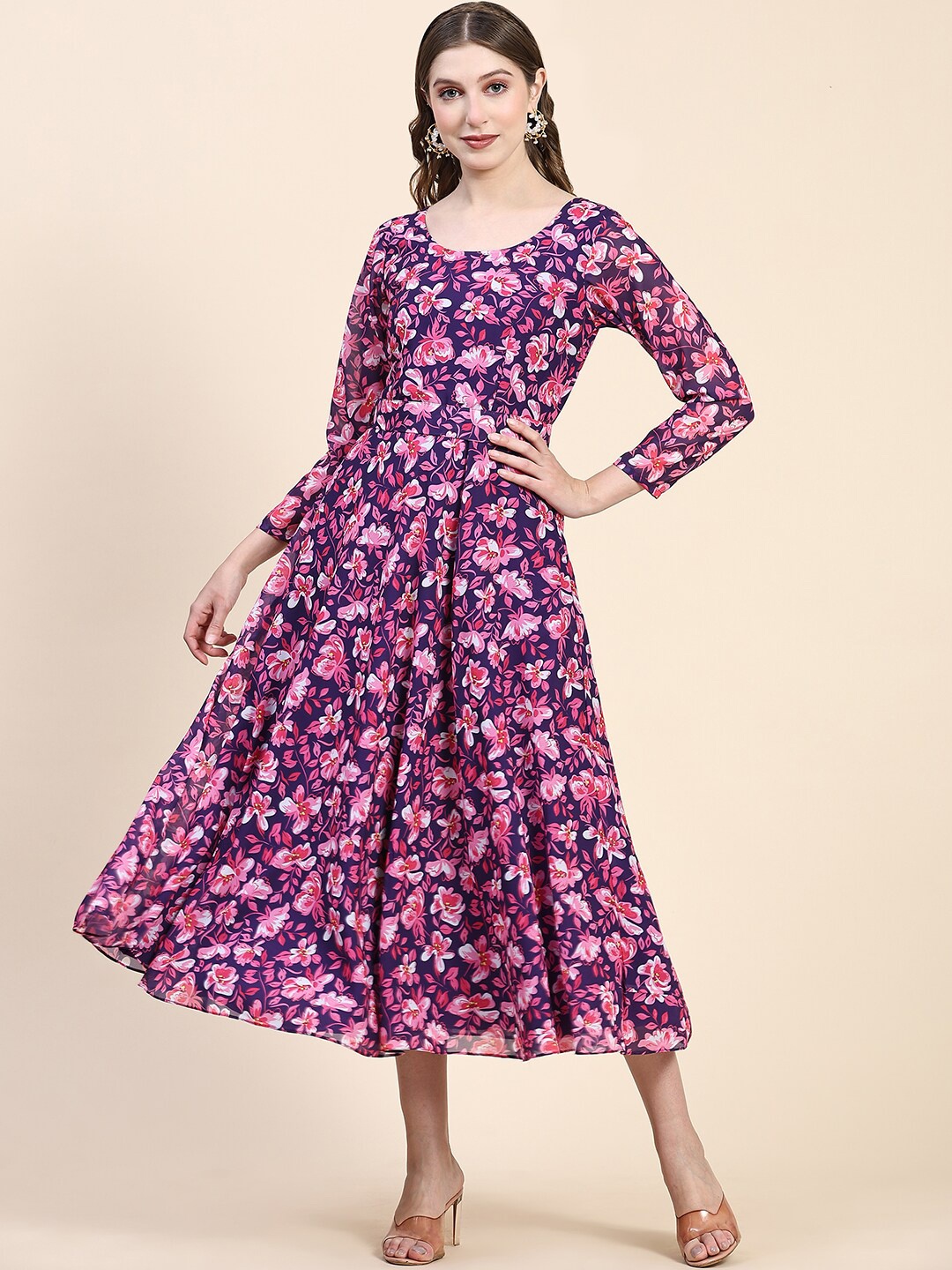 

BLACK SCISSOR Floral Printed Fit & Flared Ethnic Dress & Belt, Navy blue