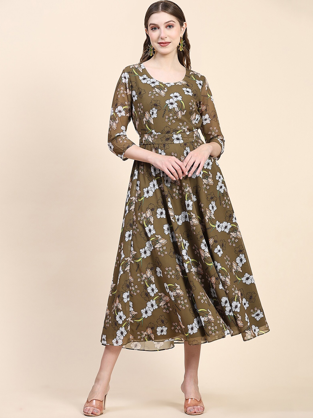 

BLACK SCISSOR Floral Printed A-Line Midi Dress With Belt, Olive