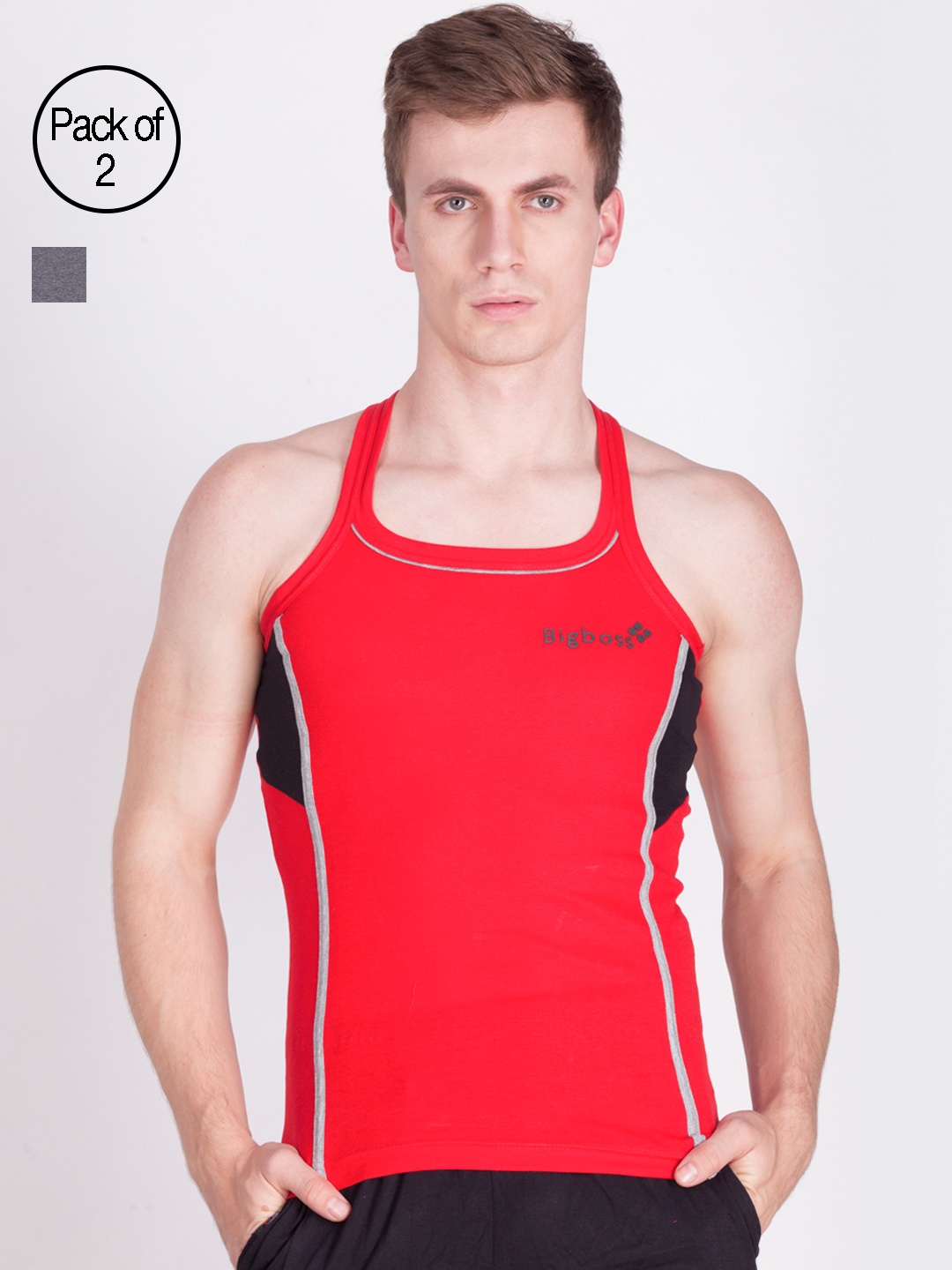 

Dollar Bigboss Men Pack of 2 Combed Cotton Racerback Styled Gym Vest, Red