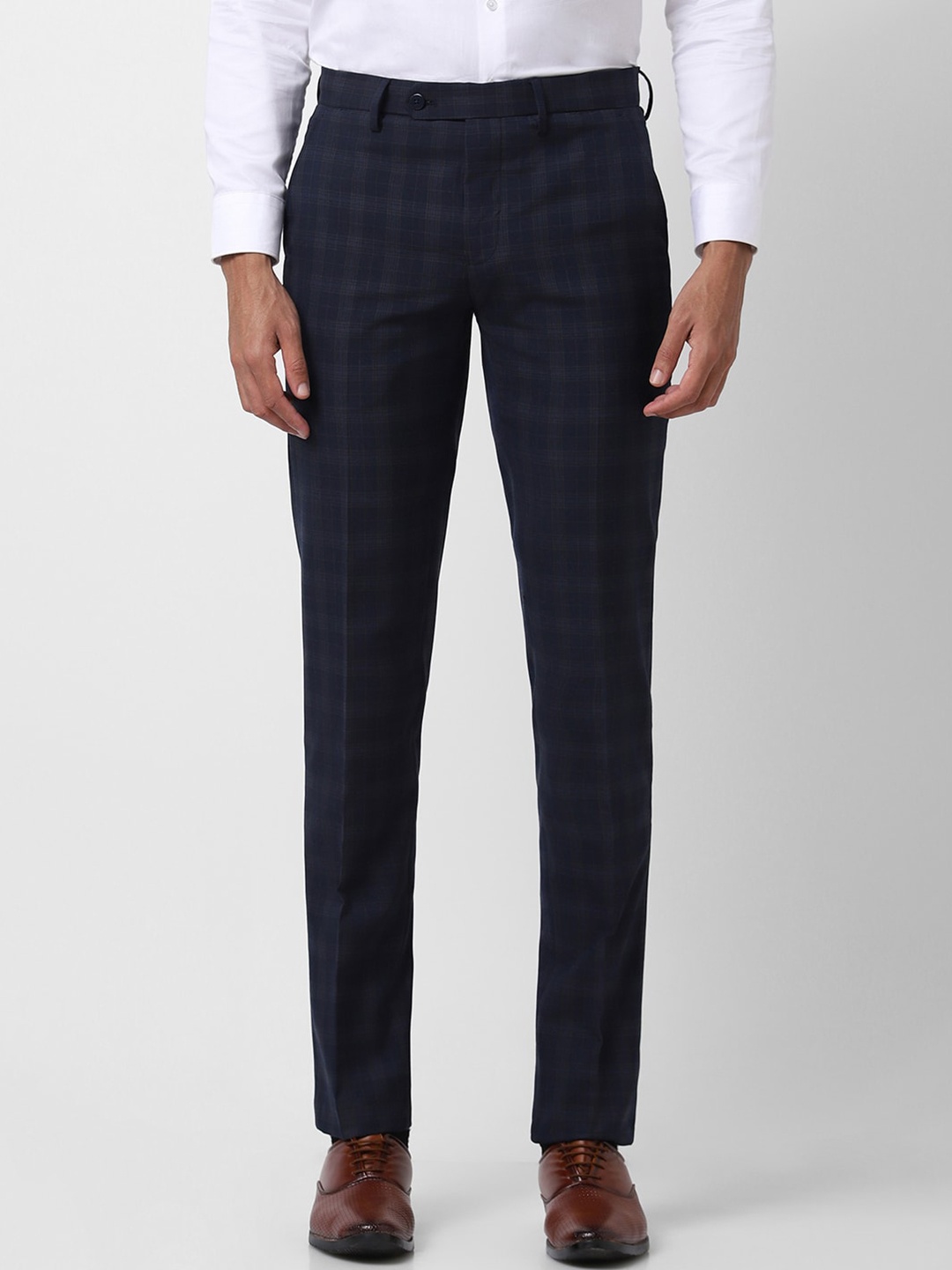 

Peter England Men Checked Mid Rise Formal Trousers, Navy blue
