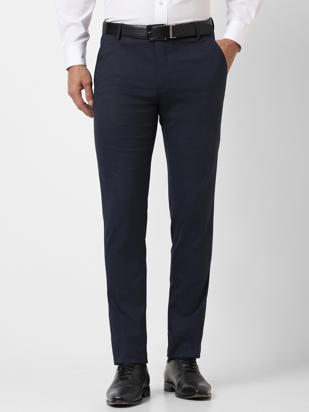 

Peter England Men Mid Rise Slim Fit Plain Formal Trousers, Navy blue
