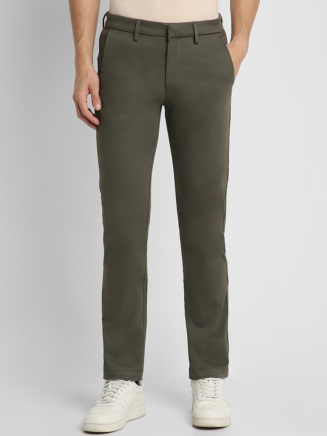 

Peter England Casuals Men Mid Rise Cotton Trousers, Olive