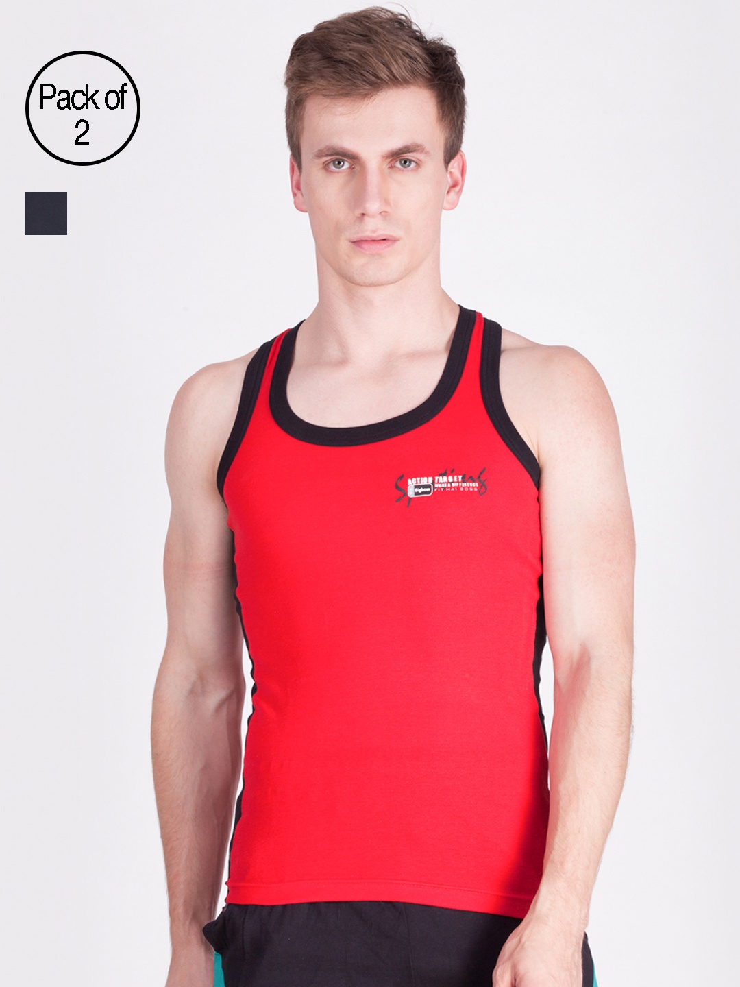 

Dollar Bigboss Pack of 2 Combed Cotton Racerback Styled Gym Vest, Red