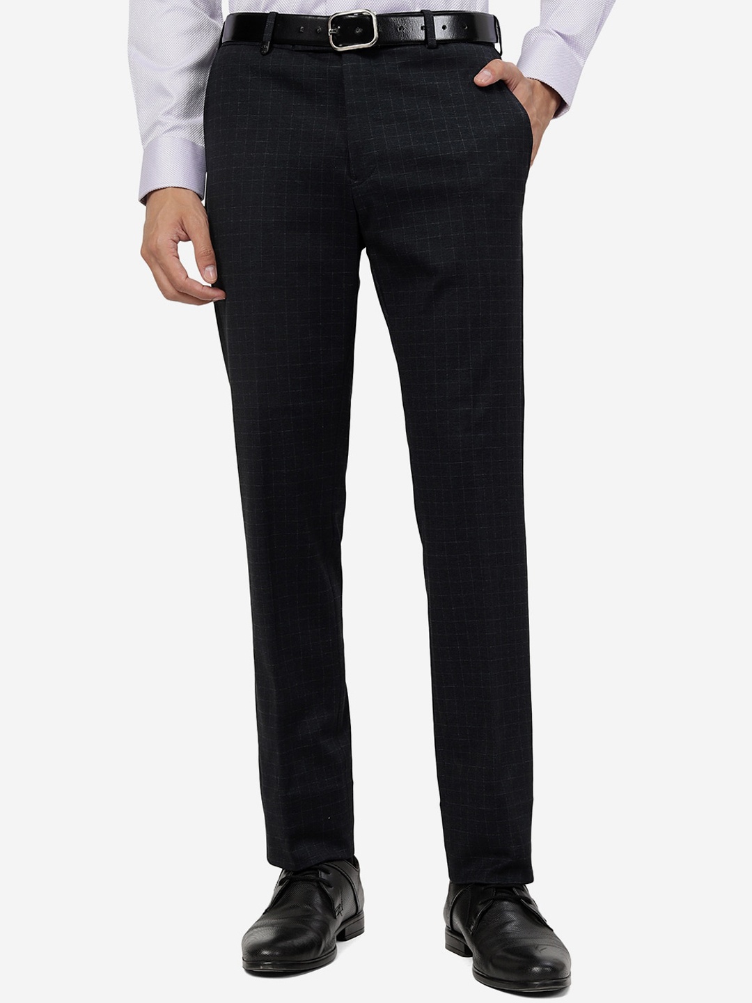 

JB STUDIO Men Checked Slim Fit Mid-Rise Plain Formal Trousers, Blue