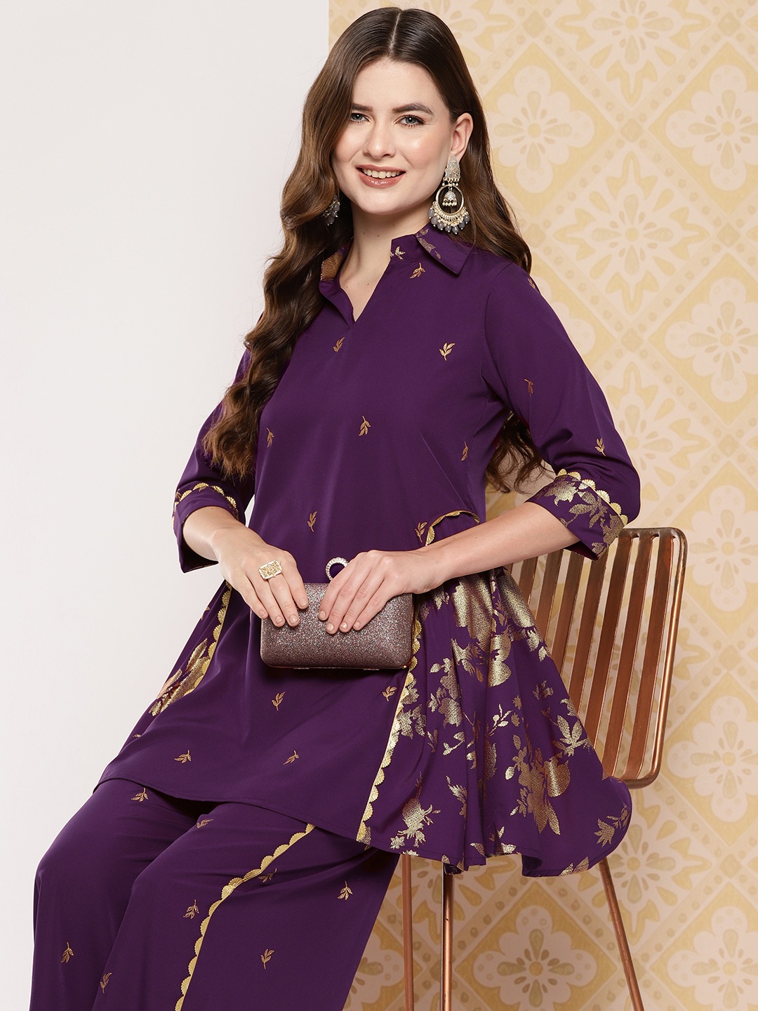 

Ahalyaa Women Printed Ethnic Tunic with Palazzos, Burgundy