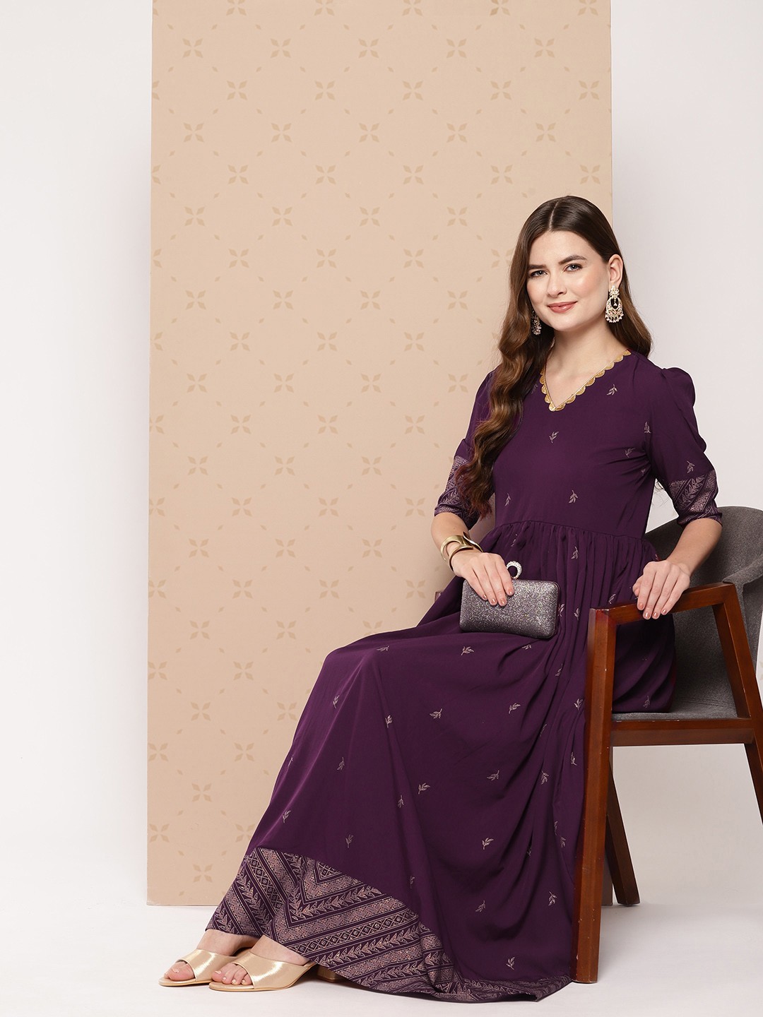 

Ahalyaa Ethnic Motifs Printed Empire Dress, Burgundy