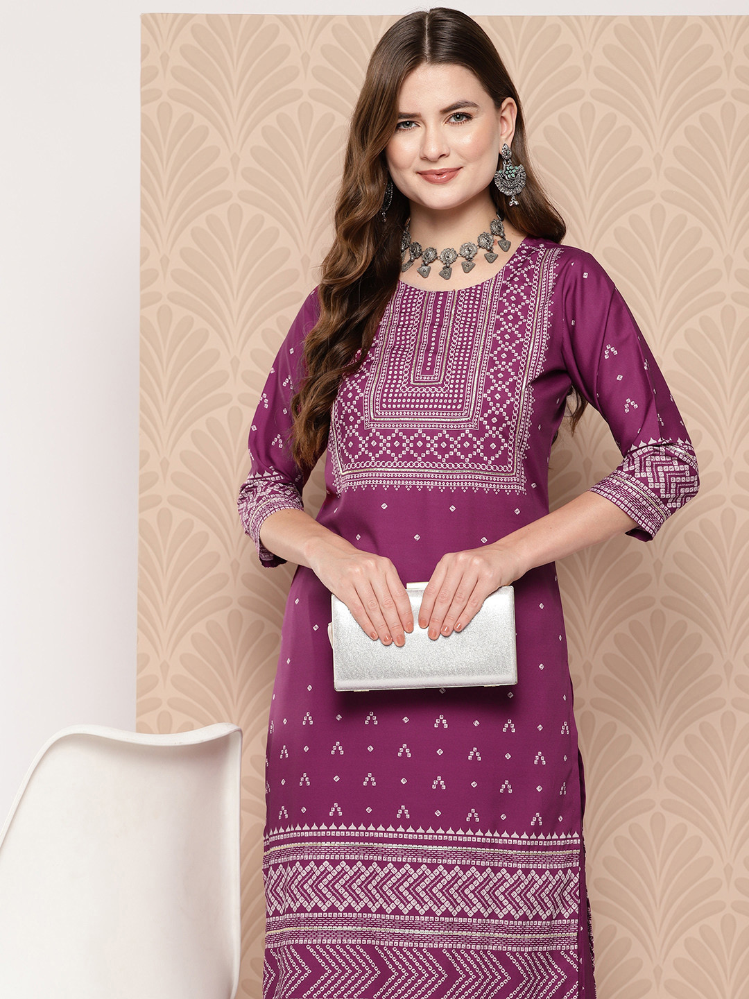 

Ahalyaa Women Bandhani Printed Regular Gotta Patti Kurta with Palazzos, Purple