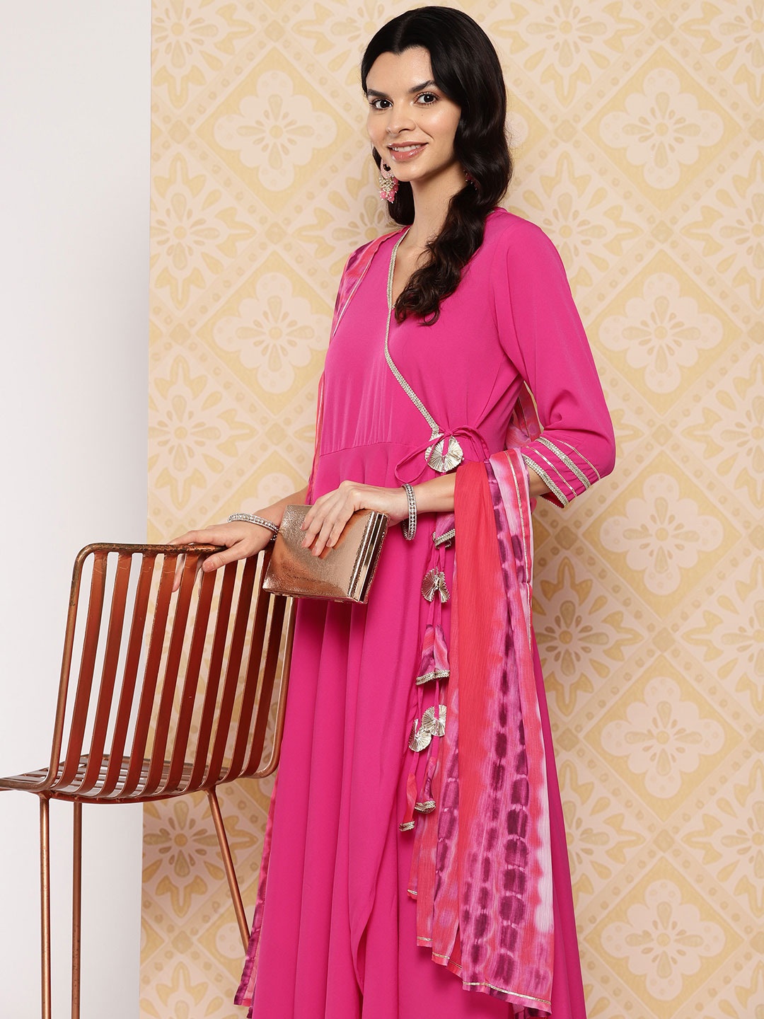 

Ahalyaa Women Solid Angrakha Gotta Patti Kurta with Trousers & With Dupatta, Pink