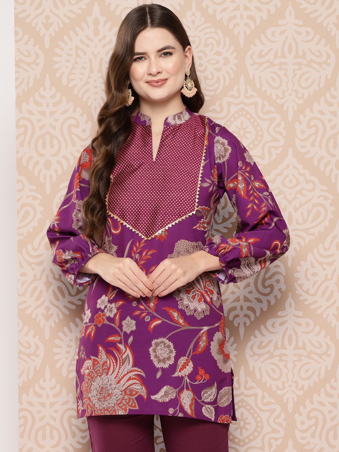 

Ahalyaa Floral Print Crepe Mandarin Collar Tunic, Purple