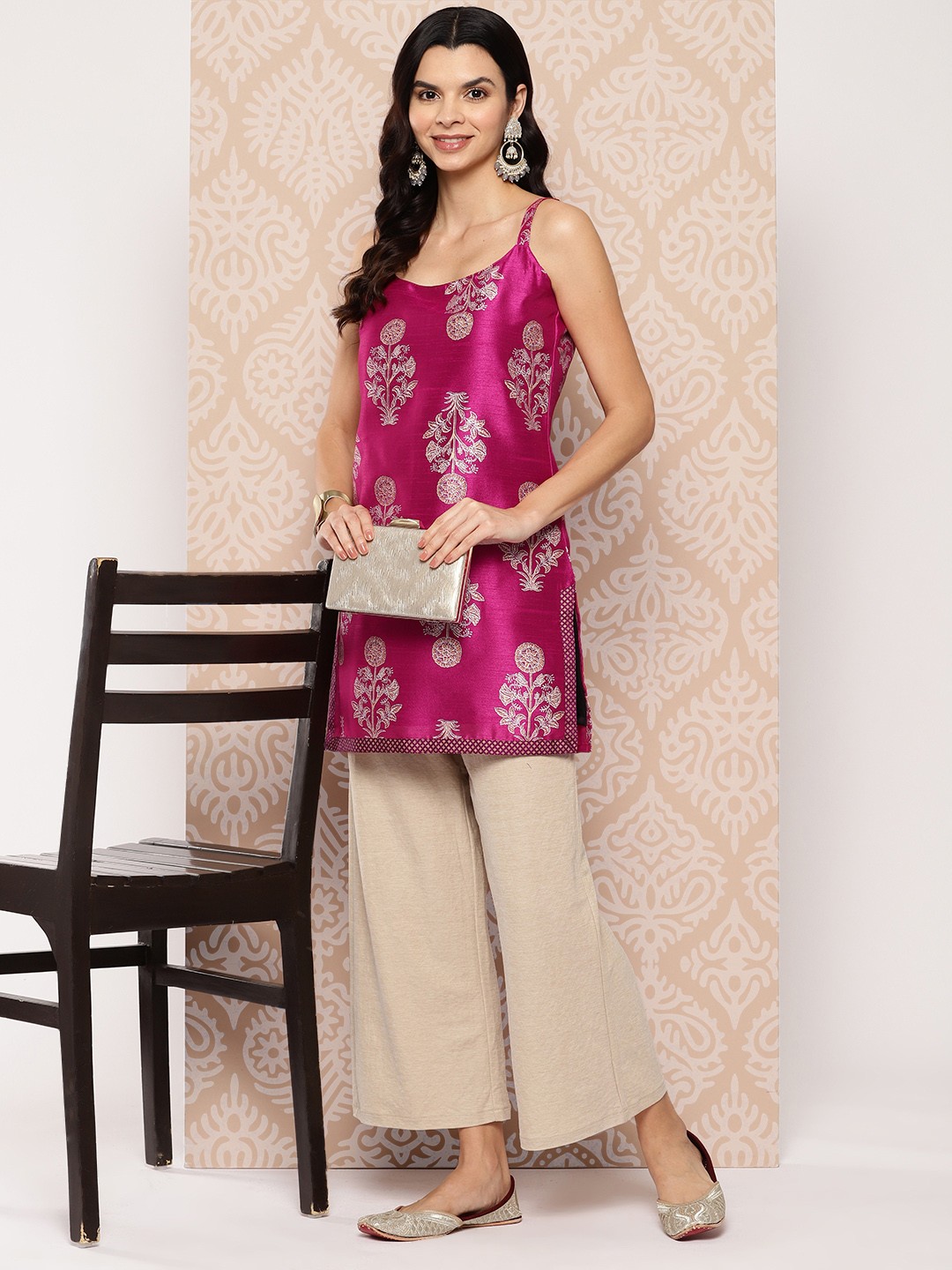 

Ahalyaa Ethnic Print Shoulder Straps Tunic, Pink
