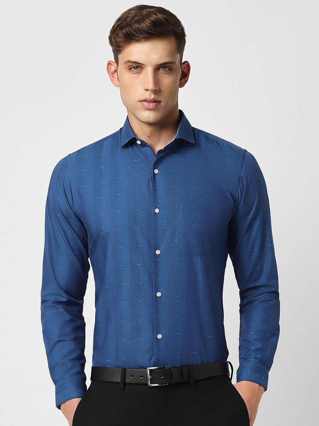 

Peter England Slim Fit Self Design Spread Collar Formal Shirt, Blue