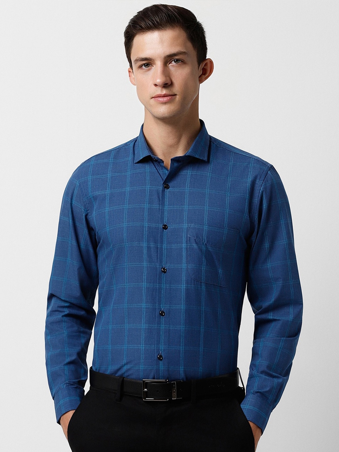 

Peter England Slim Fit Checked Spread Collar Formal Shirt, Blue