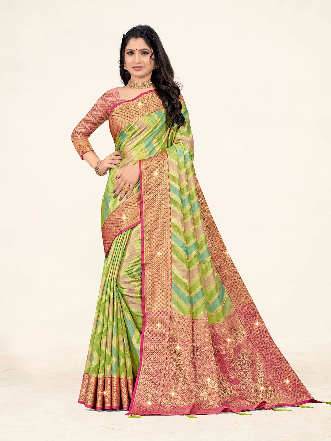 

Sweet smile Fab Geometric Woven Design Zari Detail Organza Saree, Green