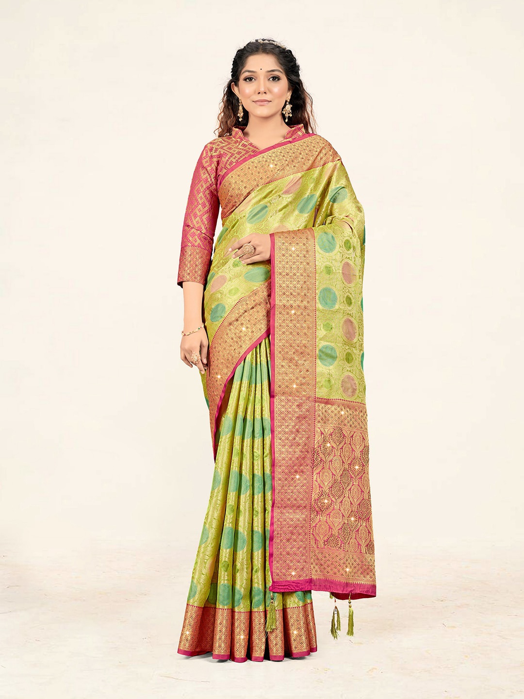 

Sweet smile Fab Ethnic Motifs Woven Design Zari Organza Saree, Green