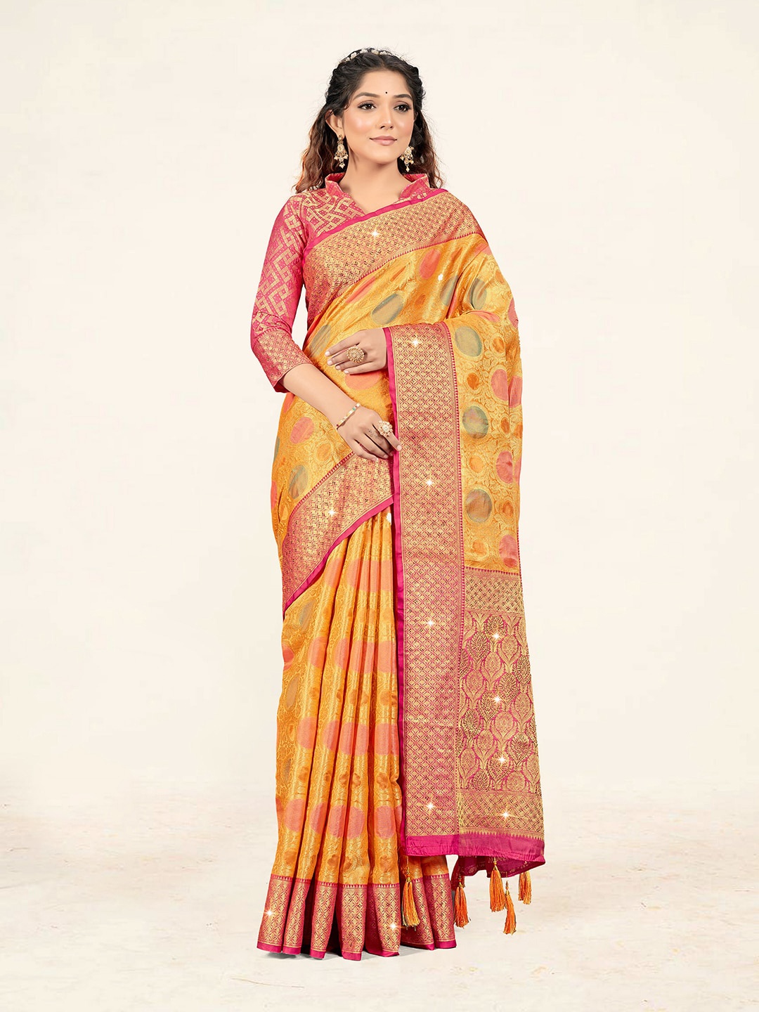 

Sweet smile Fab Ethnic Motifs Woven Design Zari Organza Saree, Red