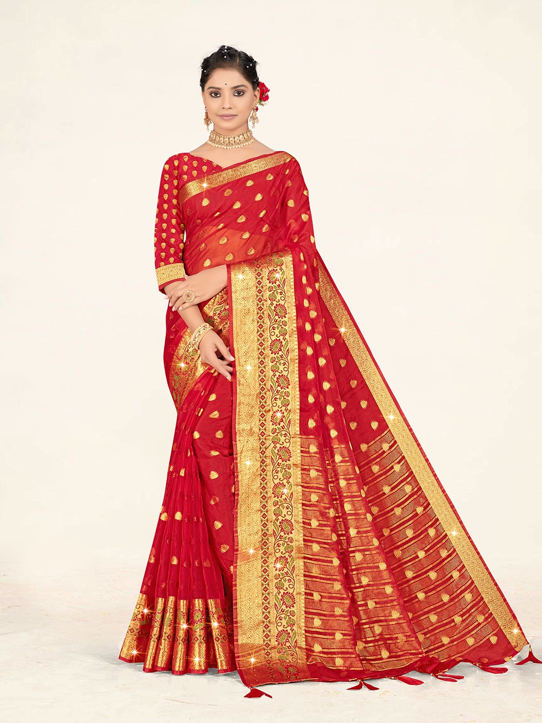 

Sweet smile Fab Ethnic Motifs Woven Design Zari Organza Saree, Red