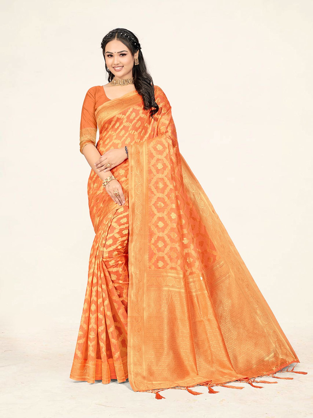 

Sweet smile Fab Ethnic Motifs Woven Design Zari Saree, Peach