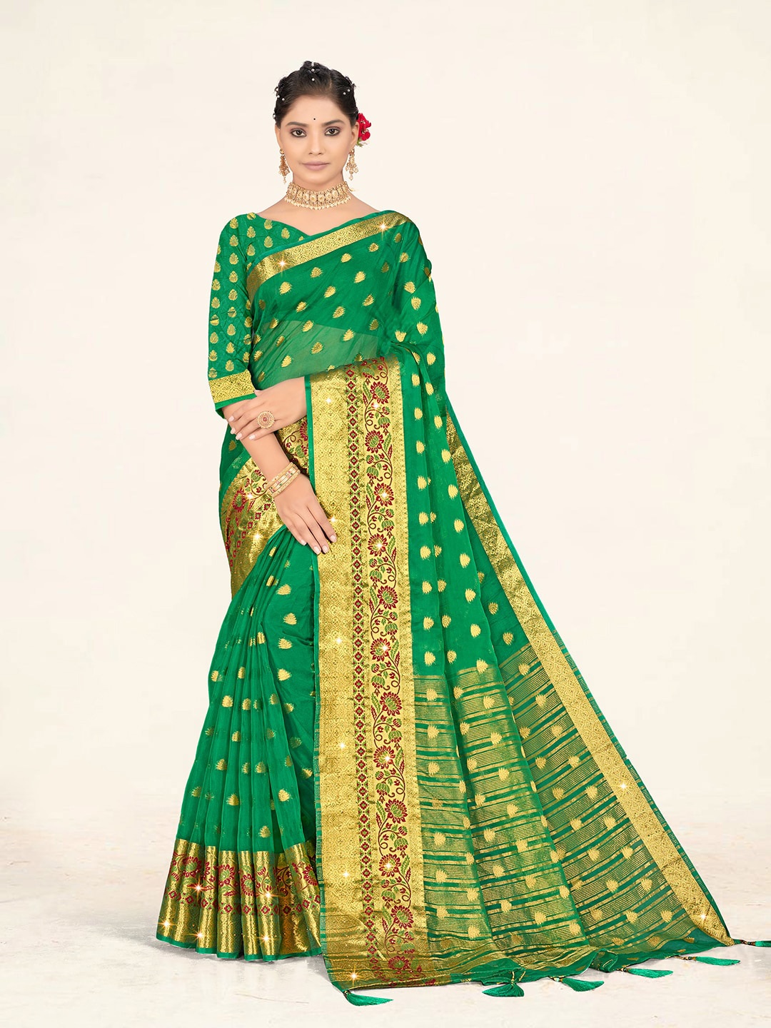 

Sweet smile Fab Ethnic Motifs Woven Design Zari Organza Saree, Green