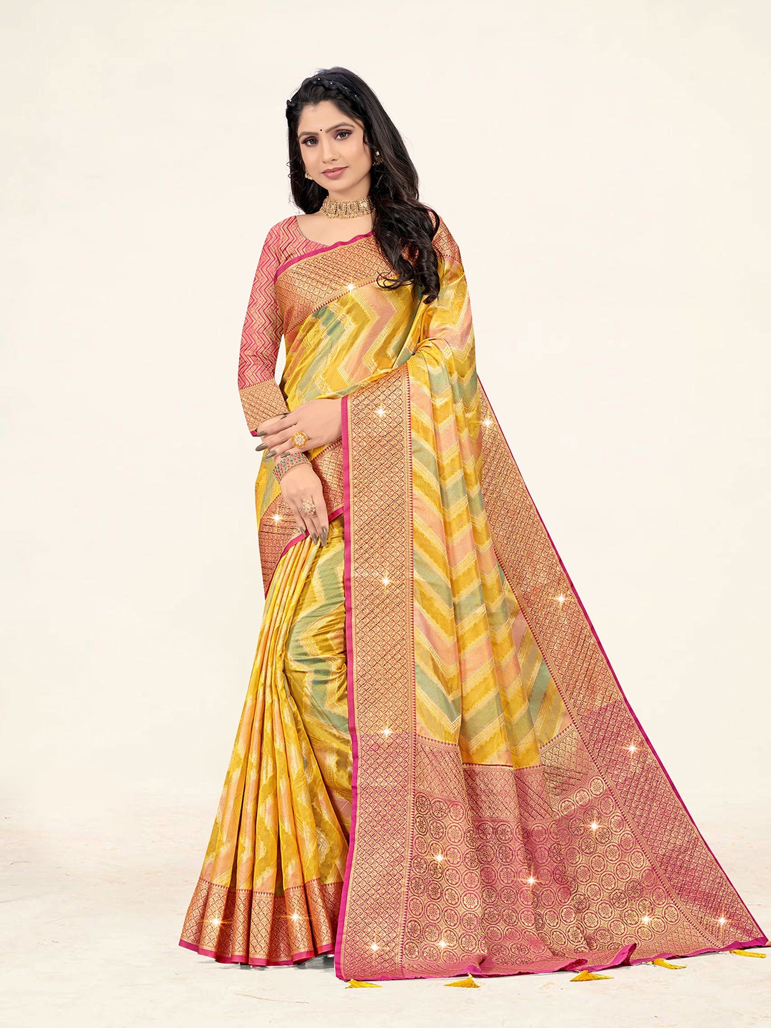 

Sweet smile Fab Geometric Woven Design Zari Organza Saree, Yellow