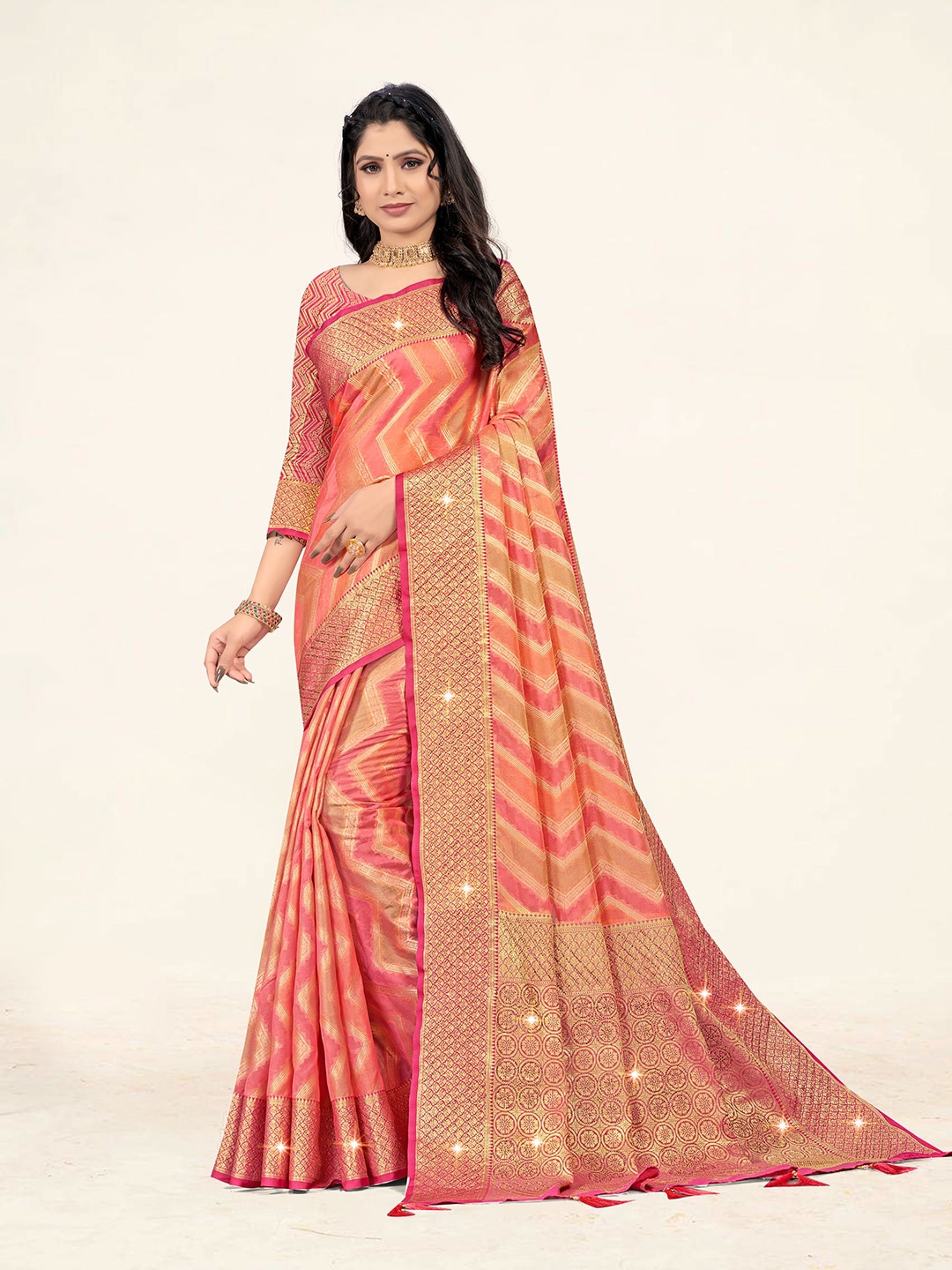 

Sweet smile Fab Geometric Woven Design Zari Organza Saree, Pink