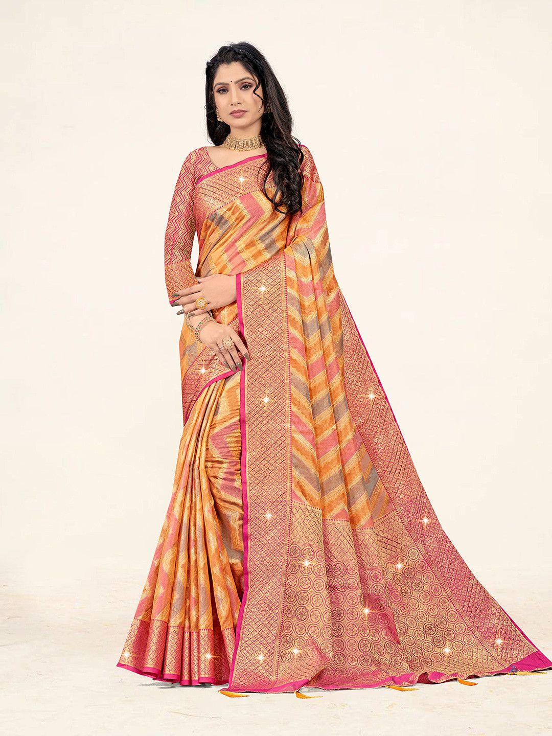 

Sweet smile Fab Geometric Woven Design Zari Organza Saree, Pink
