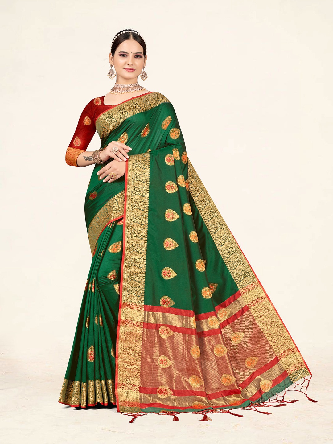

Sweet smile Fab Ethnic Motifs Woven Design Zari Silk Blend Saree, Green
