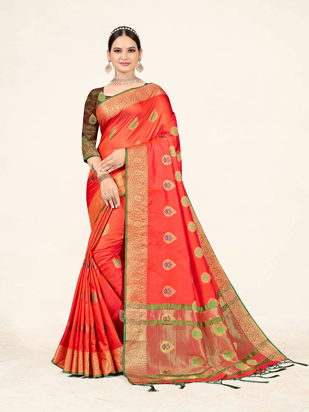 

Sweet smile Fab Ethnic Motifs Woven Design Zari Silk Blend Saree, Peach