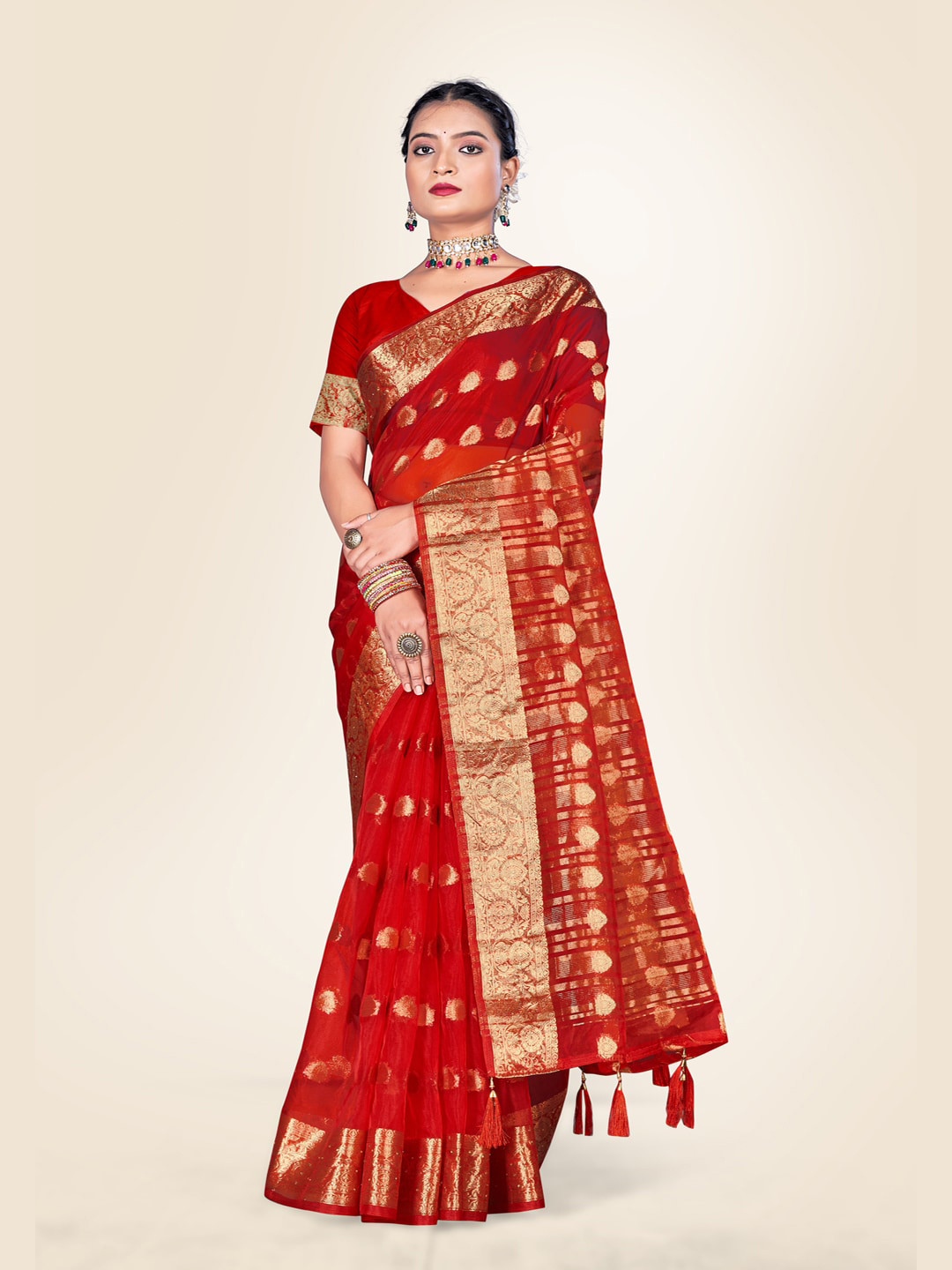 

Sweet smile Fab Ethnic Motifs Woven Design Zari Organza Saree, Red